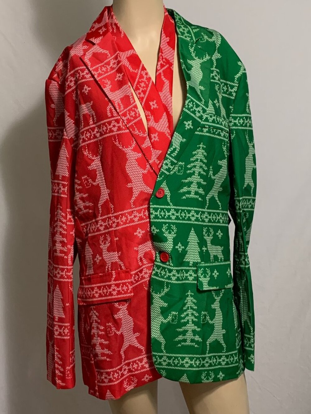 Ugly Christmas Blazer Sport Coat Jacket Split Color Drinking Reindeer w/ Tie M